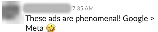 A client’s chat message: These ads are phenomenal! Google > Meta, with a laughing emoji. The name and photo are blurred.